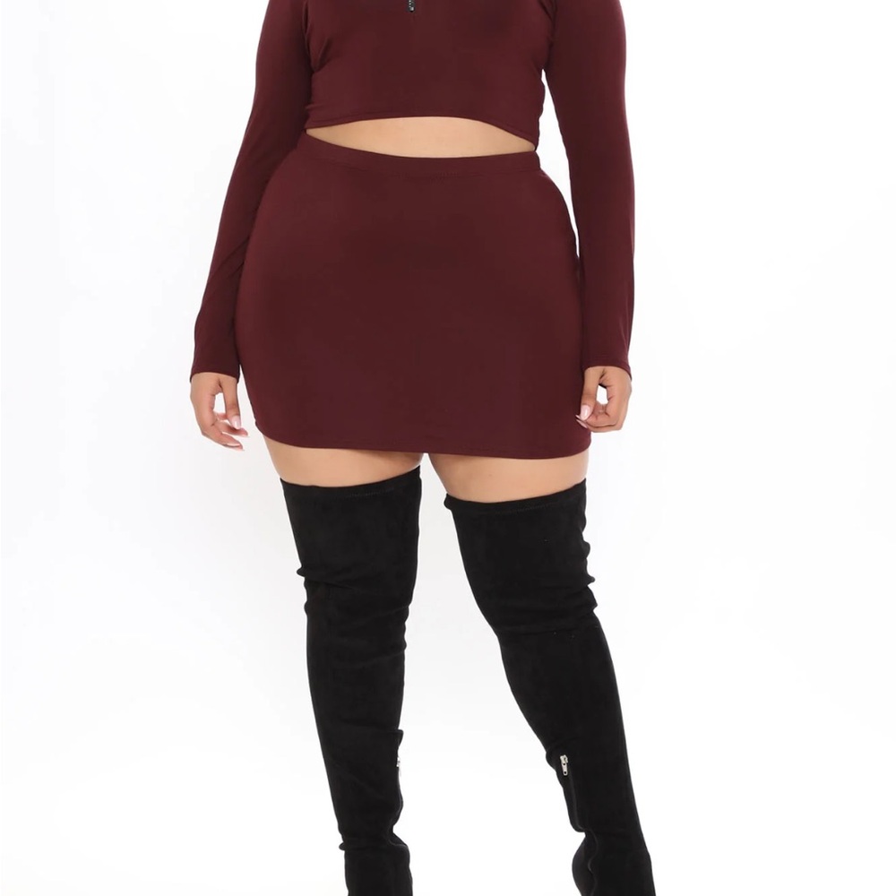 Burgundy Long Sleeve Crop Top and Skirt Set
